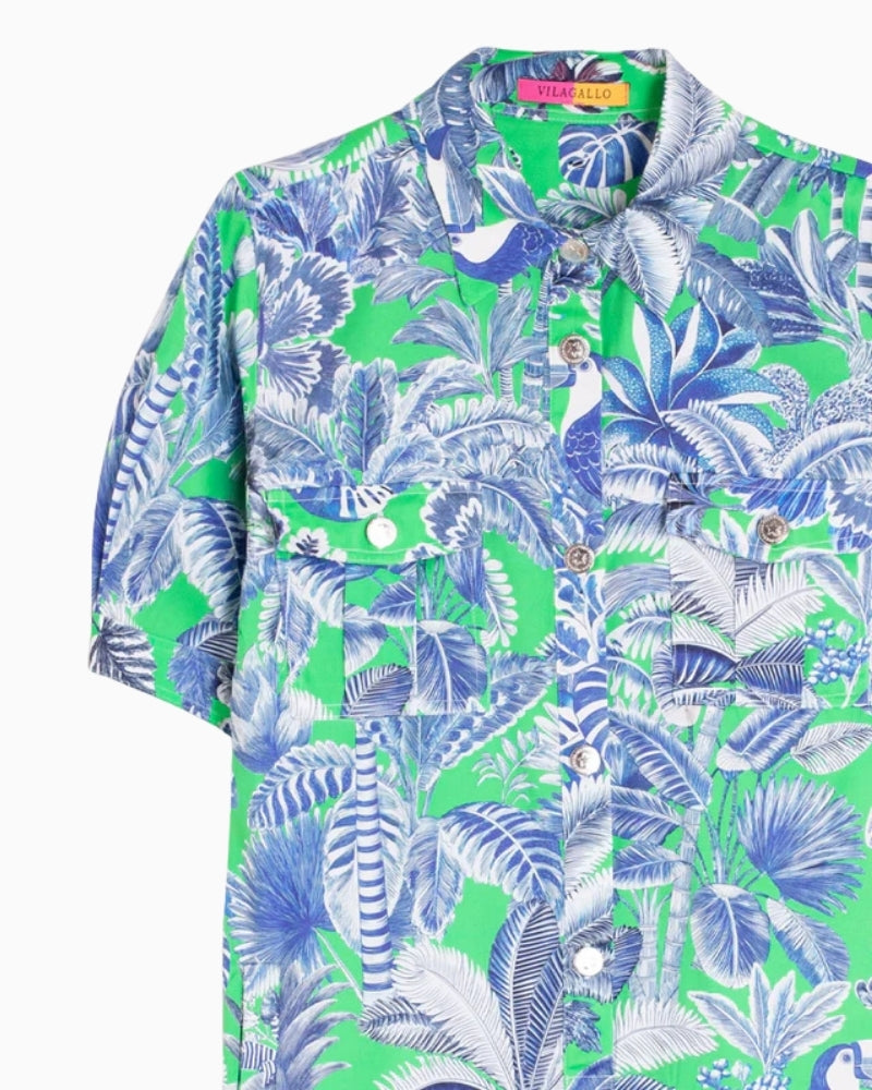 Vilagallo tropical print shirt dress green and blue chest pocket detail – Áines Boutique