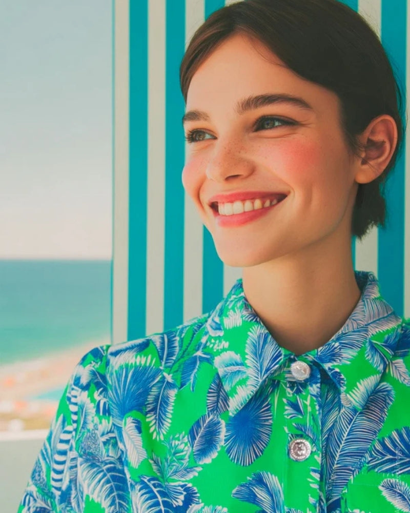 Vilagallo tropical print shirt dress green and blue collar detail – Áines Boutique