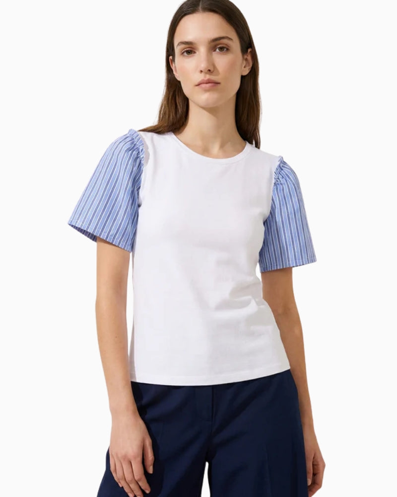 Vilagallo white knit T-shirt with striped sleeves front view – Áines Boutique