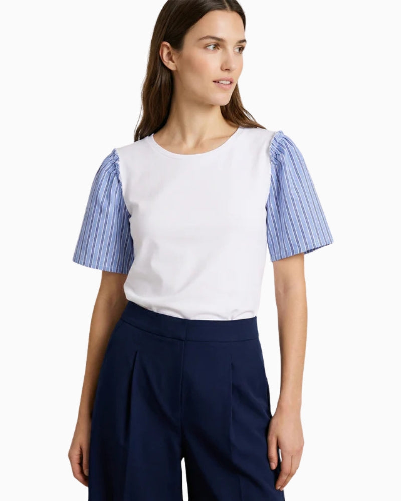 Vilagallo white knit T-shirt with striped sleeves front view – Áines Boutique