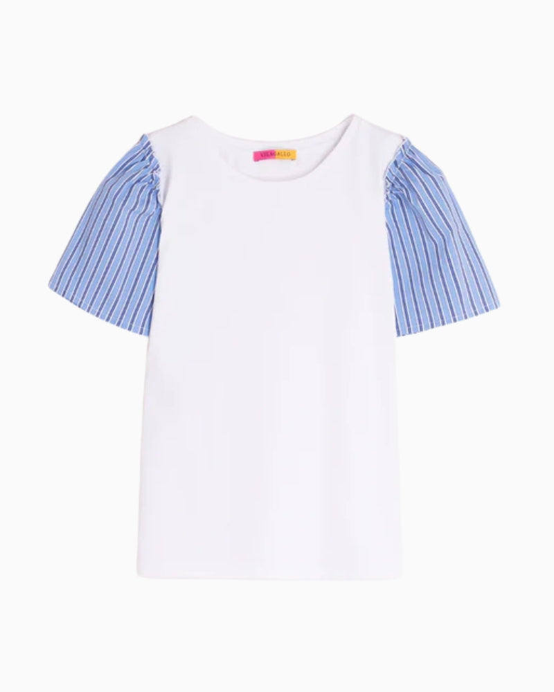 Vilagallo white knit T-shirt with striped sleeves front view white background – Áines Boutique