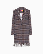 Vilagallo Abaricia Coat in Camel and Navy Check fringed hem detail