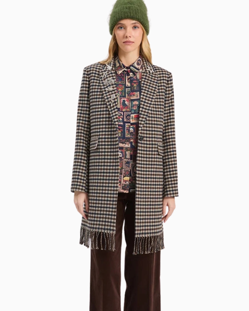 Vilagallo Abaricia Coat in Camel and Navy Check front view