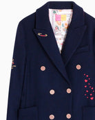 Vilagallo Abloretta Coat in Navy LOVE embroidery detail