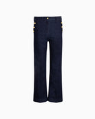 Front view of Vilagallo high-rise denim trousers with button and zip closure