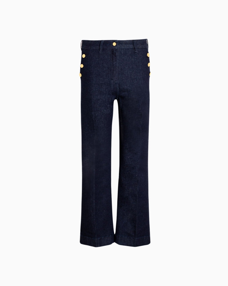 Front view of Vilagallo high-rise denim trousers with button and zip closure
