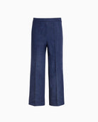 Close-up of front seam detail and fabric texture on Vilagallo trousers