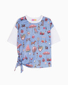 Vilagallo blue motif print T-shirt flat lay front view – Áines Boutique