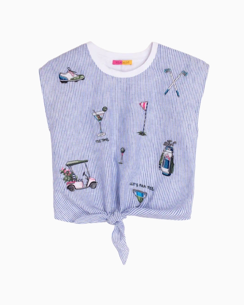 Vilagallo Blue Striped Golf Knot T-Shirt embroidered detail