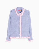 Vilagallo Blue Striped Shirt with Pink Ruffles front view
