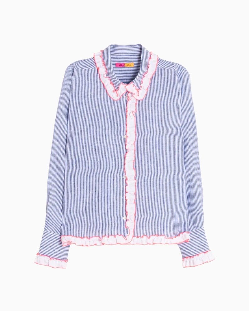 Vilagallo Blue Striped Shirt with Pink Ruffles front view