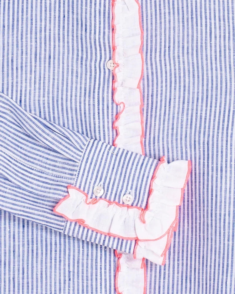 Vilagallo Blue Striped Shirt with Pink Ruffles placket ruffle detail