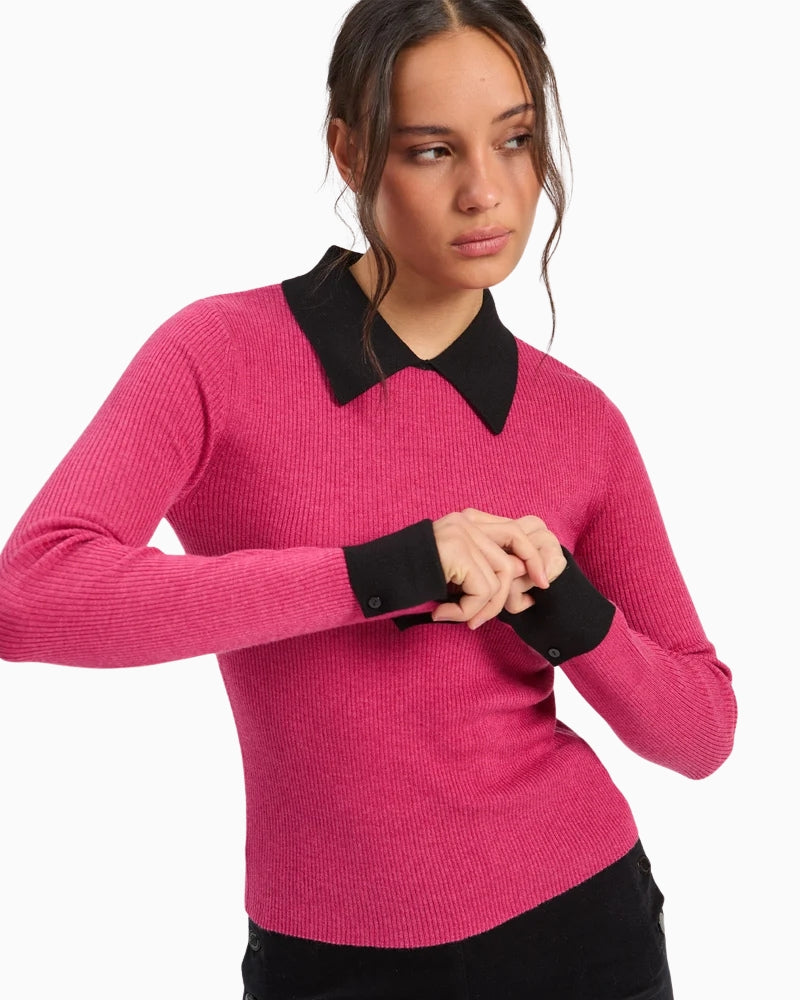 Vilagallo Canale Camisero Jumper in Pink ribbed knit detail