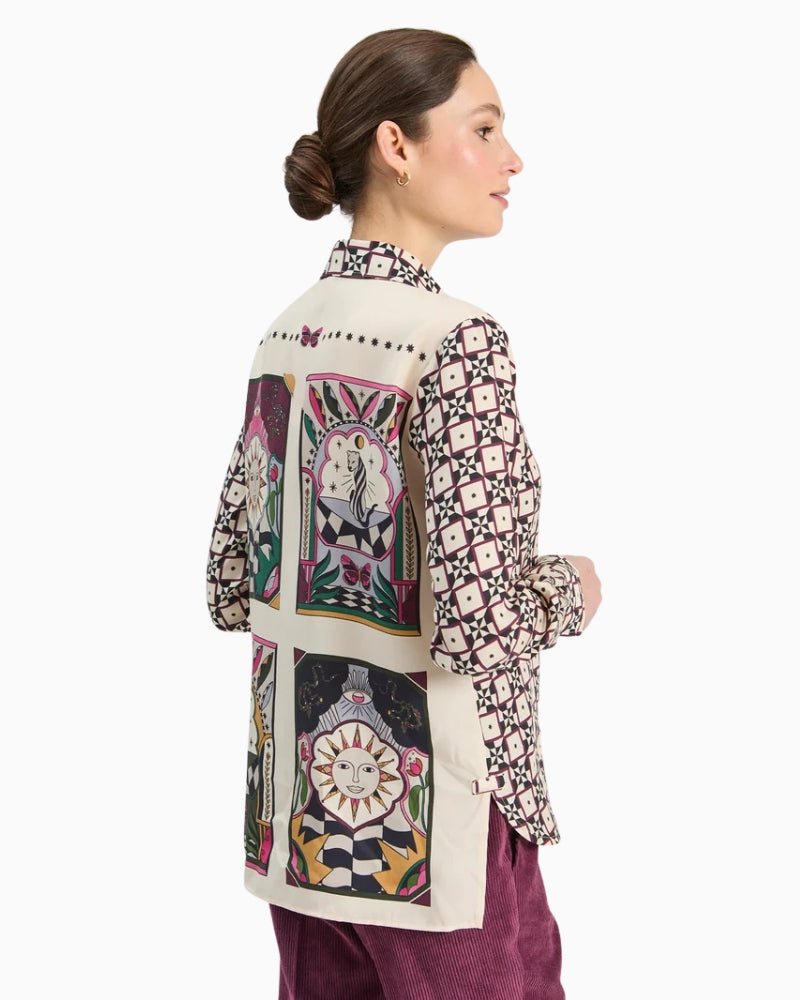 Vilagallo Cmisa Shirt in Cream and Burgundy angled back view
