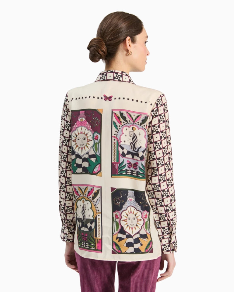 Vilagallo Cmisa Shirt in Cream and Burgundy back with tarot-inspired illustrations