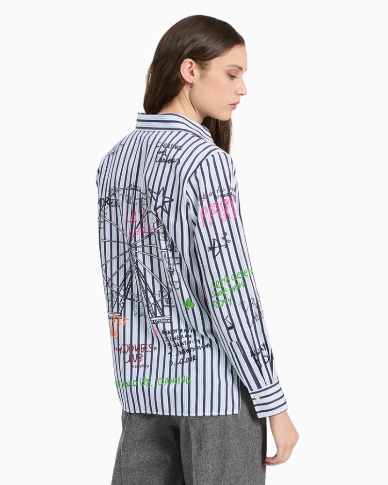 Vilagallo Cmisa Shirt in White and Navy graffiti print detail
