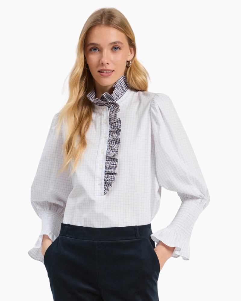 Vilagallo Cmvolantes Blouse in White and Navy front view