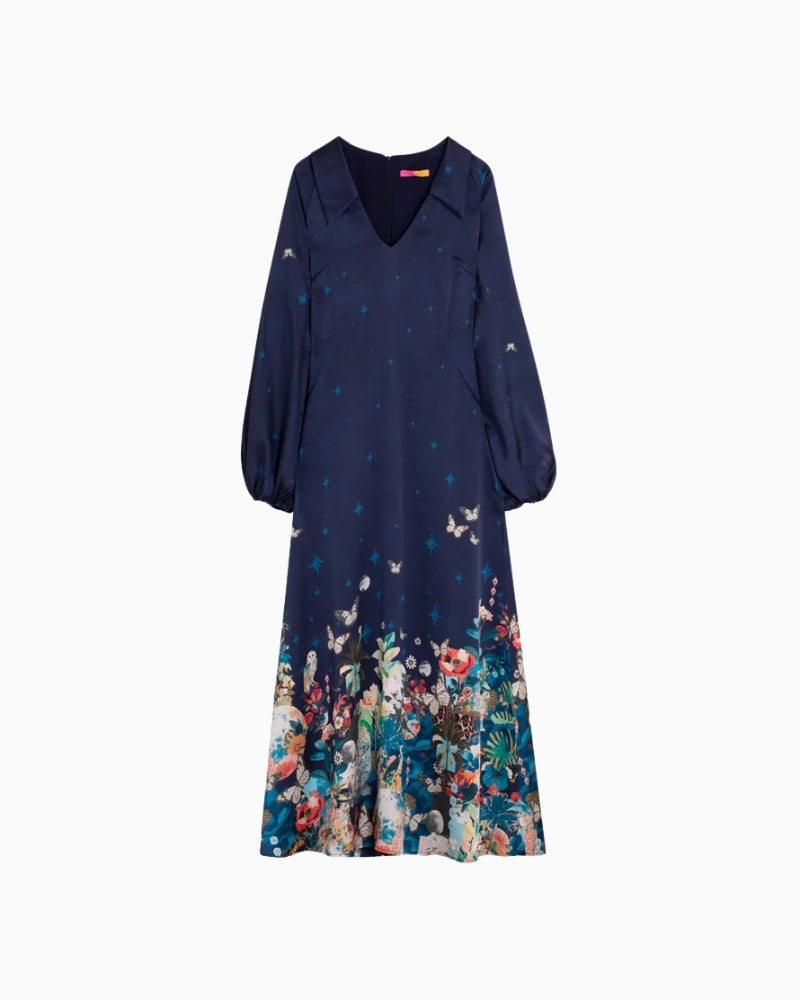 Vilagallo Eugenia Dress in Navy floral and butterfly hem detail