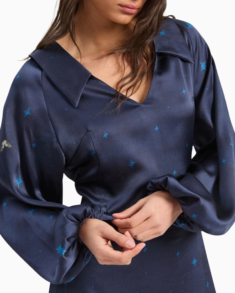 Vilagallo Eugenia Dress in Navy puff sleeve and collar detail