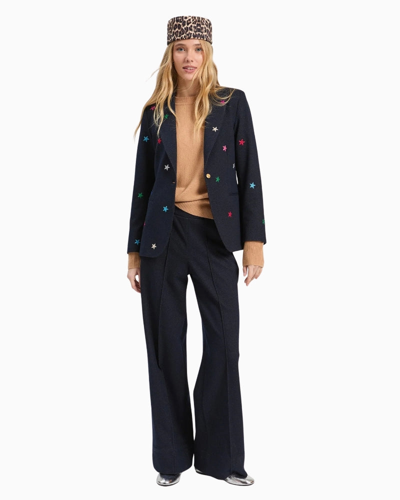 Vilagallo Heather Embroidered Stars Blazer in navy blue and multi styled view