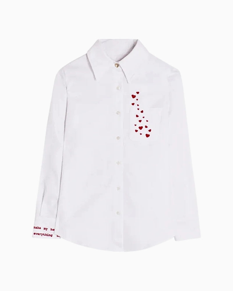 Vilagallo Herringbone Shirt with Heart Embroidery in White fabric detail