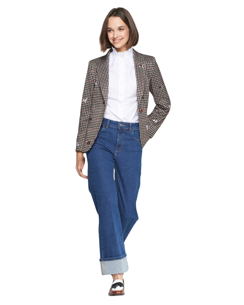 Front view of Vilagallo houndstooth blazer with dog embroidery and lapel collar