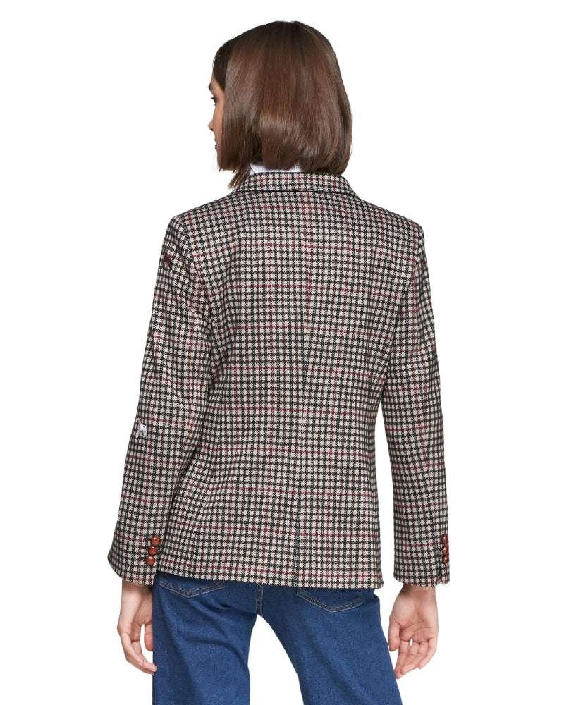 Back view of structured Vilagallo blazer showing houndstooth pattern