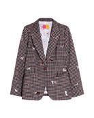 Close-up of embroidered dog motifs on beige, black, and burgundy blazer