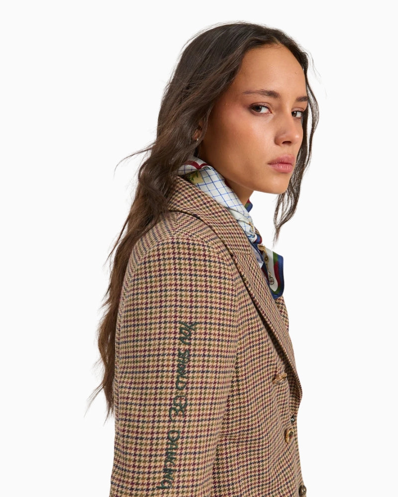 Vilagallo Liana Emblemed Coat in Beige plaid and graphic print detail
