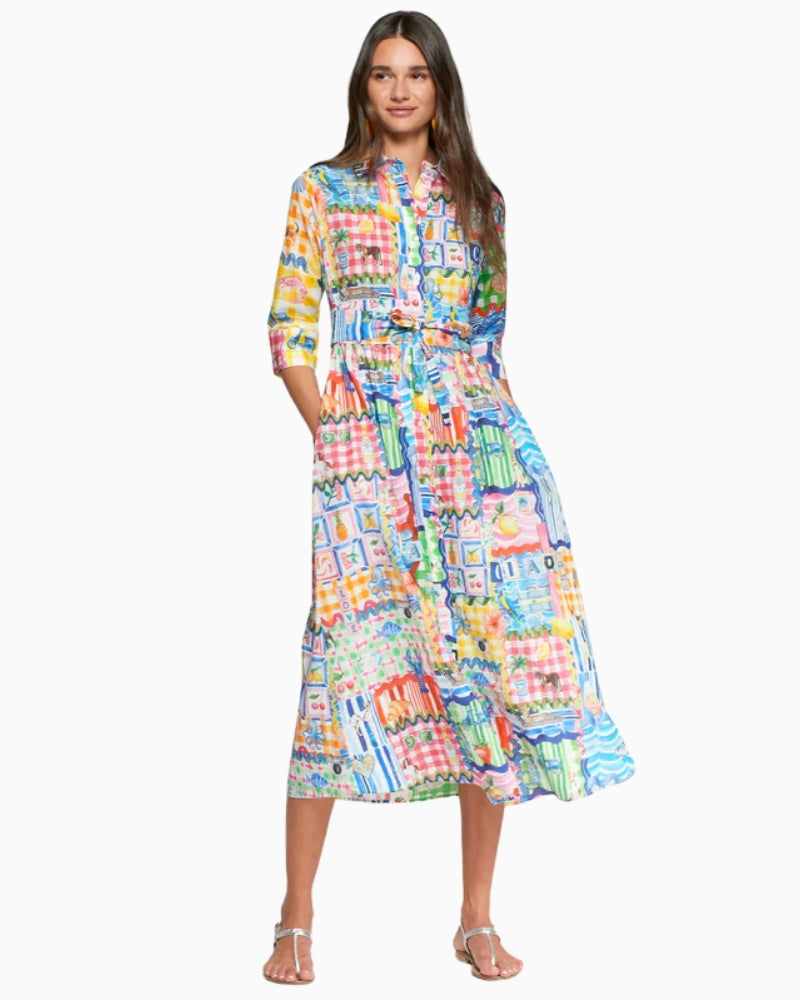 Vilagallo multicolour print tie dress front view woman wearing – Áines Boutique