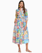 Vilagallo multicolour printed midi dress front view woman wearing with waist tie and shirt collar – Áines Boutique