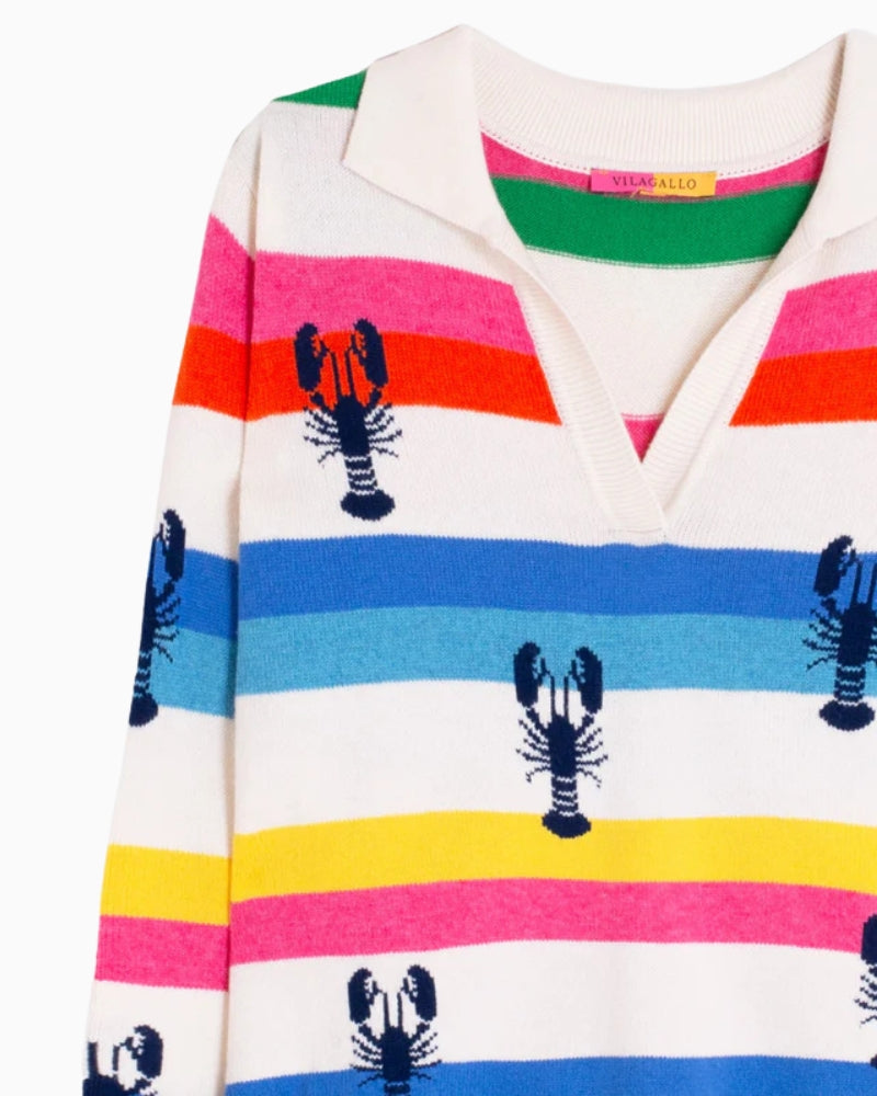 Vilagallo multicolour stripe lobster jumper detail close-up – Áines Boutique