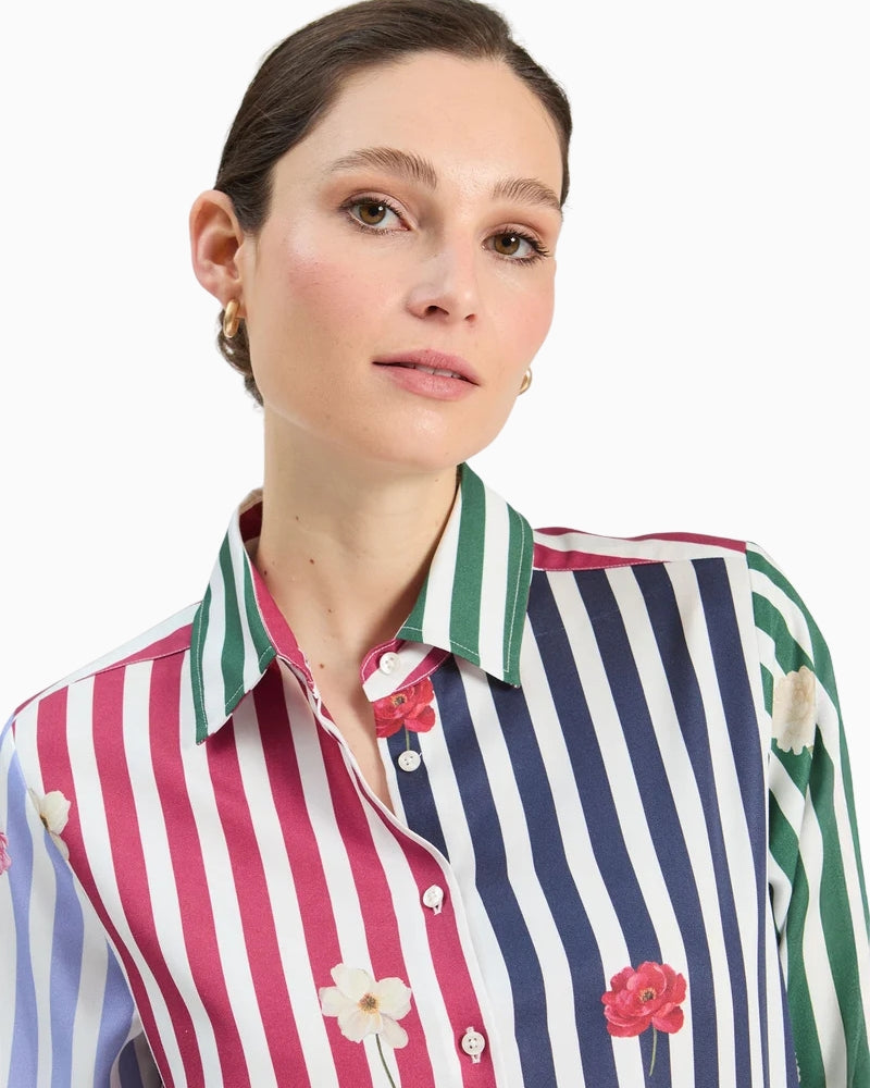 Vilagallo Multicoloured Striped Floral Shirt collar detail