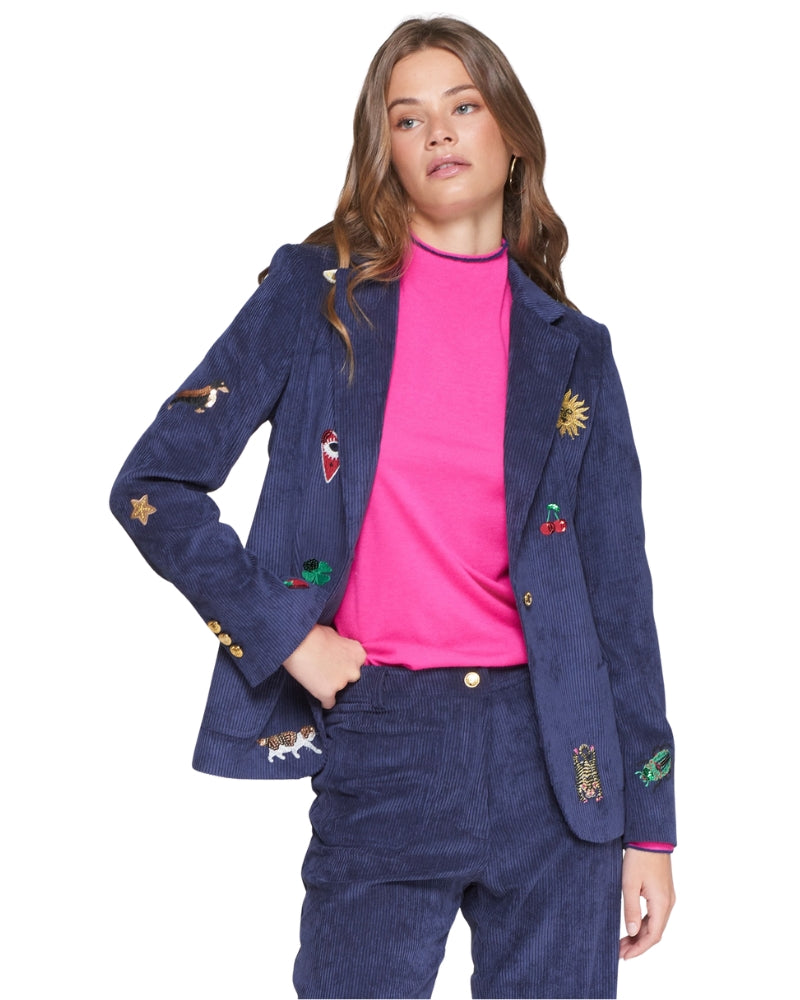 Front view of Vilagallo navy corduroy blazer with embroidery and gold buttons