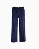 Close-up of wide-rib corduroy fabric in navy blue