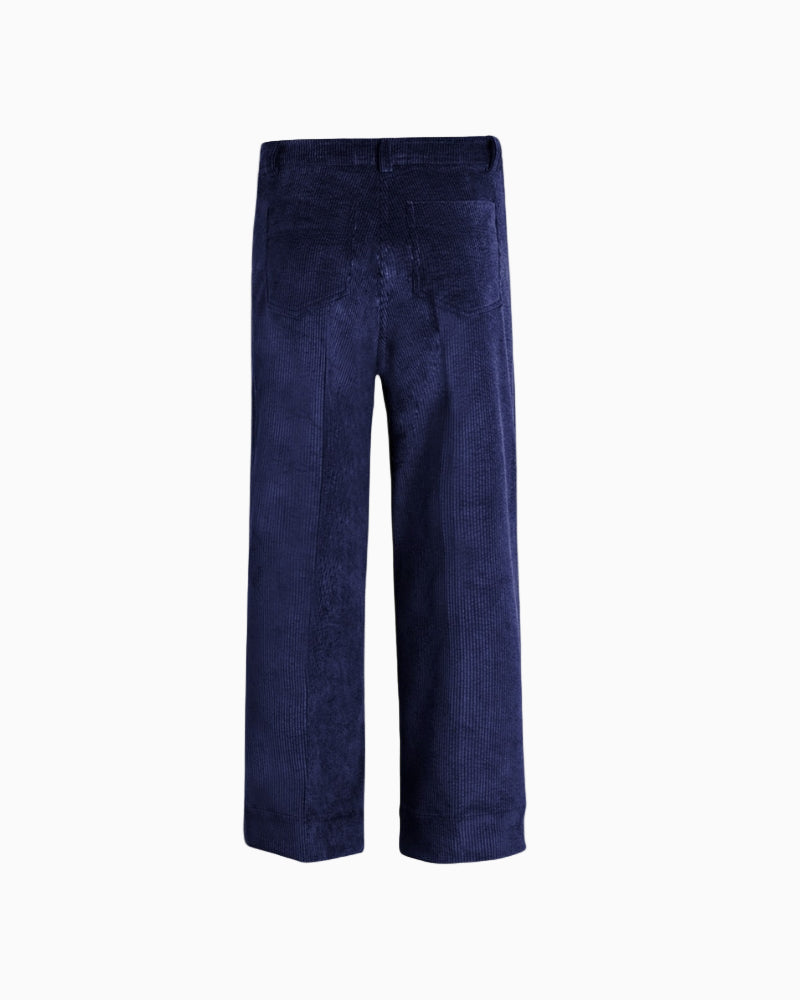 Back view of Vilagallo navy corduroy trousers with patch pockets