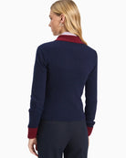 Vilagallo Navy Ribbed Jumper Burgundy Neck in Navy back view