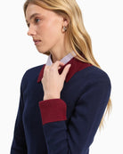 Vilagallo Navy Ribbed Jumper Burgundy Neck in Navy burgundy collar detail
