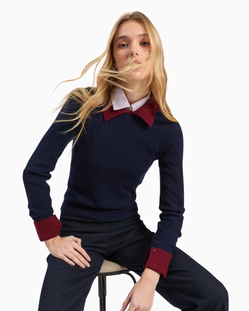 Vilagallo Navy Ribbed Jumper Burgundy Neck in Navy front view