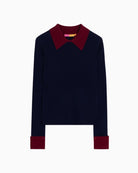 Vilagallo Navy Ribbed Jumper Burgundy Neck in Navy ribbed knit detail