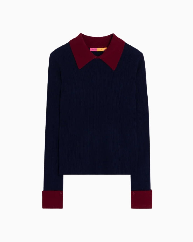 Vilagallo Navy Ribbed Jumper Burgundy Neck in Navy ribbed knit detail