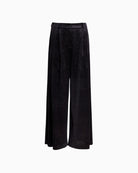 Flat lay of Vilagallo black shimmer palazzo trousers