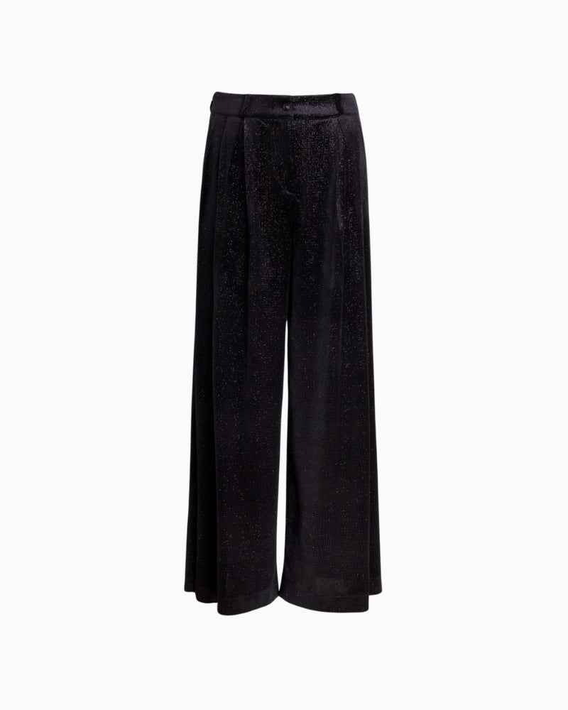 Flat lay of Vilagallo black shimmer palazzo trousers