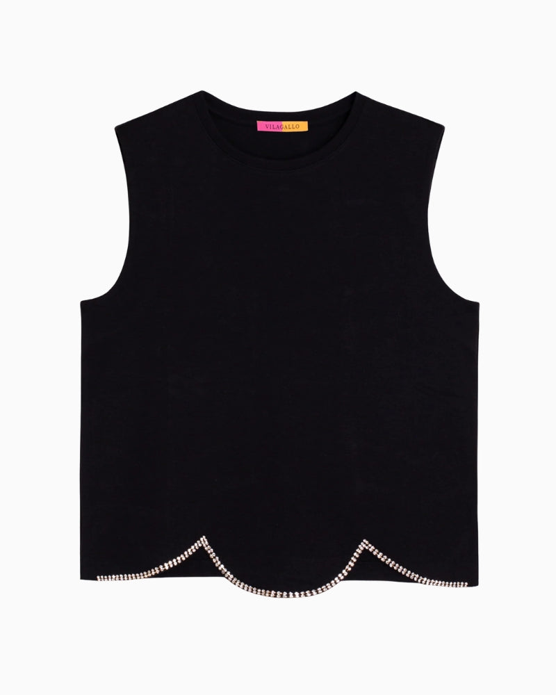 Vilagallo Scallop Edge Top black scalloped hem detail