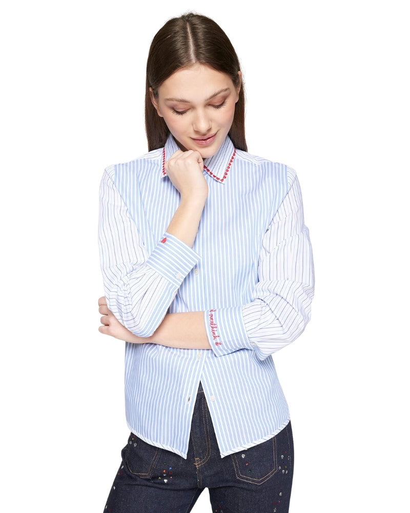 Front view of Vilagallo blue striped shirt with red embroidered hearts