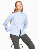 Front view of Vilagallo light blue striped shirt with multicoloured strass