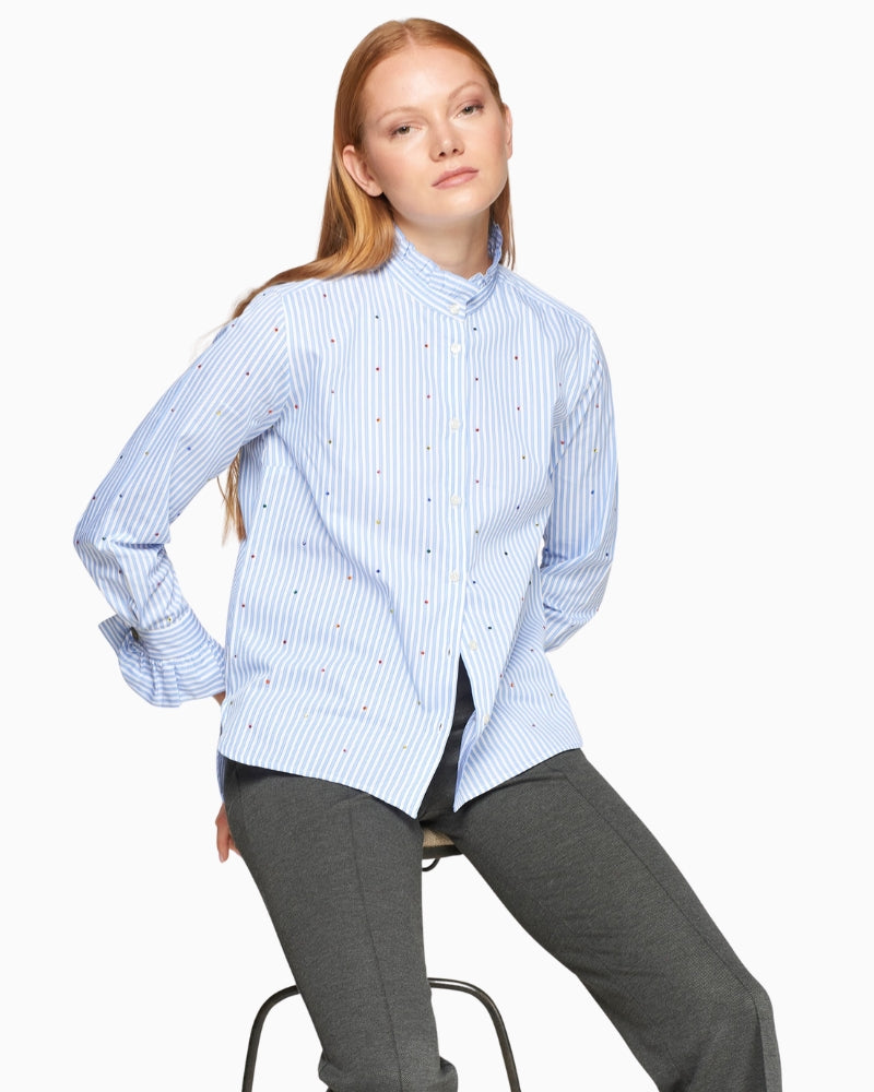 Front view of Vilagallo light blue striped shirt with multicoloured strass