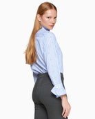 Back view showing strass embellishments on striped cotton shirt