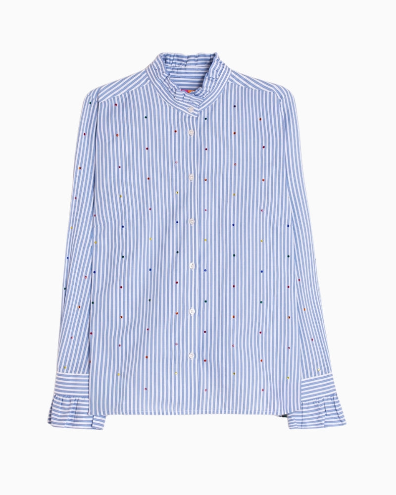 Flat lay of Vilagallo striped cotton blouse with embellishment details