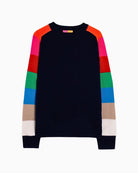 Navy Vilagallo wool jumper with rainbow striped raglan sleeves and ribbed edges